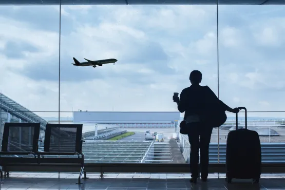 Voyageur avec valise observant un avion depuis un terminal d’aéroport